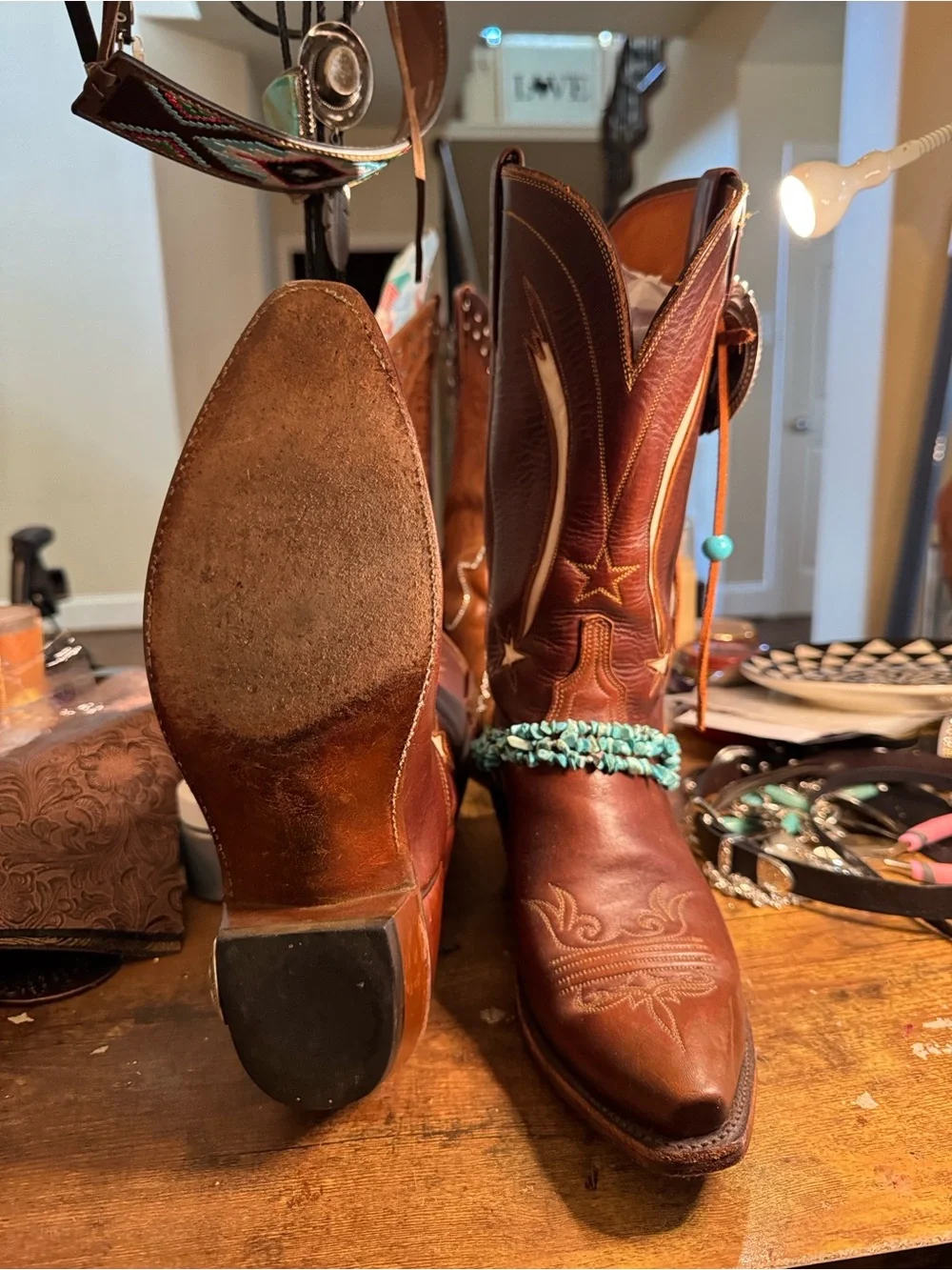 Lucchese Brown Leather Western Heeled Boots with Turquoise Accents - Picture 4 of 8